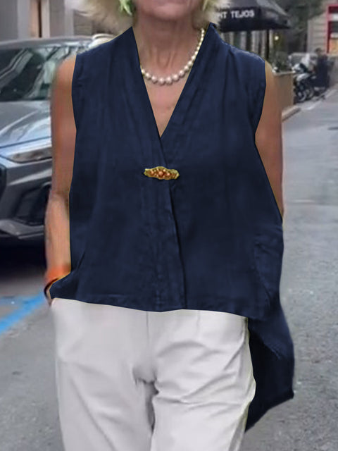 Women's  Solid Color V-Neck Sleeveless Casual Cotton and Linen Loose Tops