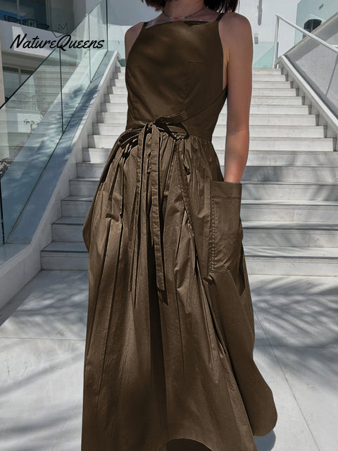Women's Suspender Sleeveless Casual Cotton and Linen Lace-up Wrap Dress