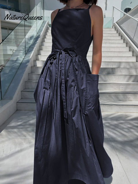 Women's Suspender Sleeveless Casual Cotton and Linen Lace-up Wrap Dress