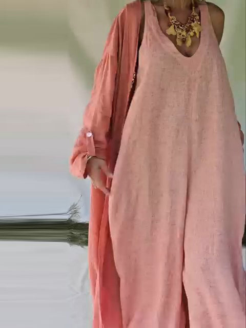 Women's Solid Color V-Neck Sleeveless Casual Cotton and Linen Wide Leg Jumpsuit
