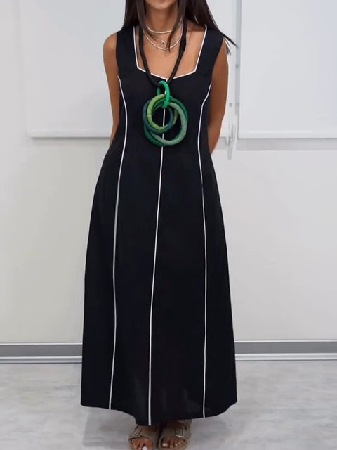 Women's Solid Color Square Neck Sleeveless Casual Cotton and Linen Dress