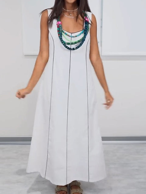 Women's Solid Color Square Neck Sleeveless Casual Cotton and Linen Dress