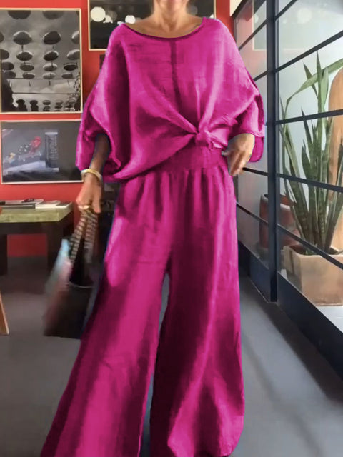 Women's Solid Color Round Neck Long Sleeve Casual Cotton and Linen Top Elastic Waist Casual Wide Leg Pants Set