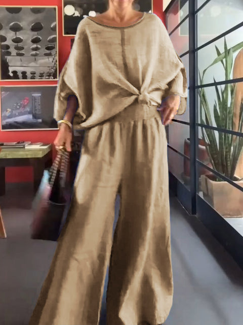 Women's Solid Color Round Neck Long Sleeve Casual Cotton and Linen Top Elastic Waist Casual Wide Leg Pants Set