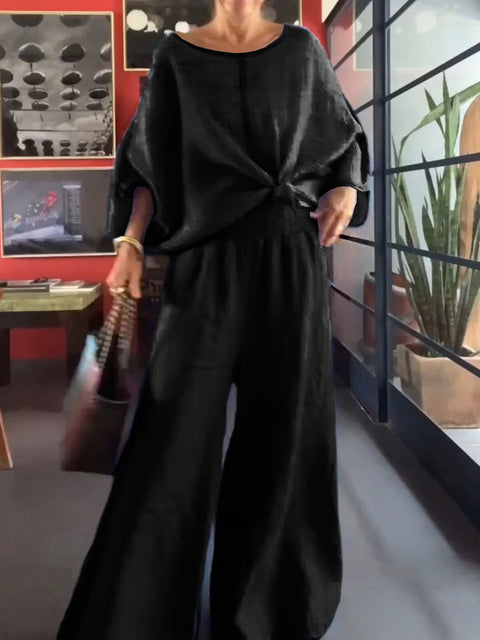 Women's Solid Color Round Neck Long Sleeve Casual Cotton and Linen Top Elastic Waist Casual Wide Leg Pants Set