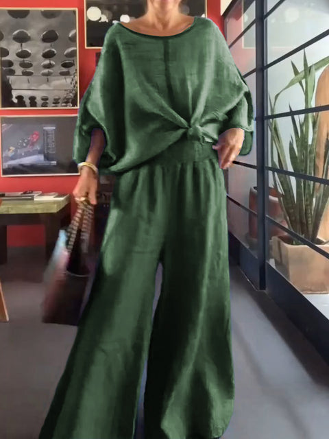 Women's Solid Color Round Neck Long Sleeve Casual Cotton and Linen Top Elastic Waist Casual Wide Leg Pants Set