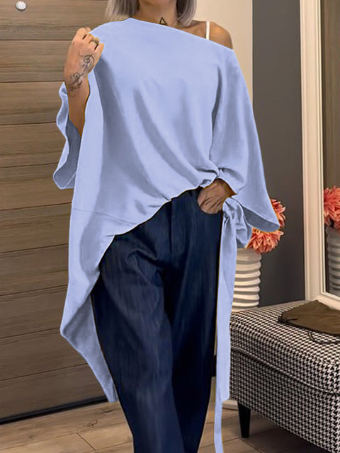 Women's  Solid Color Off-shoulder Long Sleeve Drawstring Casual Cotton and Linen Top