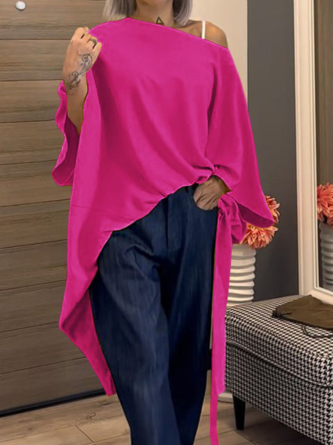 Women's  Solid Color Off-shoulder Long Sleeve Drawstring Casual Cotton and Linen Top