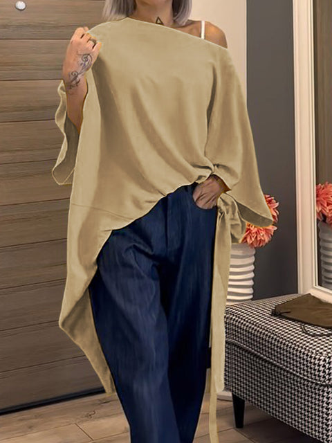 Women's  Solid Color Off-shoulder Long Sleeve Drawstring Casual Cotton and Linen Top