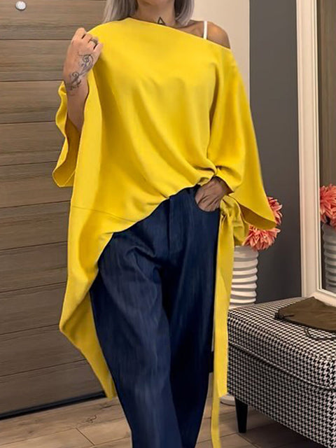 Women's  Solid Color Off-shoulder Long Sleeve Drawstring Casual Cotton and Linen Top