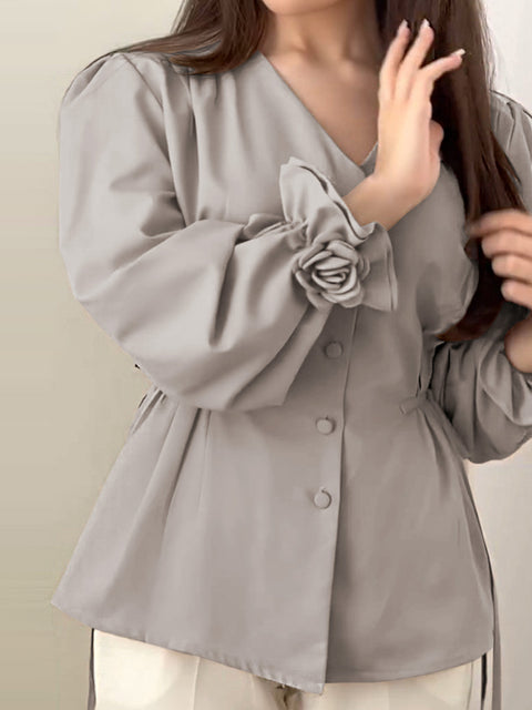 Women's Solid Color V-Neck Long Sleeve Single-Breasted Drawstring Casual Top