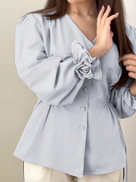 Women's Solid Color V-Neck Long Sleeve Single-Breasted Drawstring Casual Top