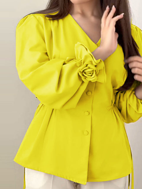 Women's Solid Color V-Neck Long Sleeve Single-Breasted Drawstring Casual Top