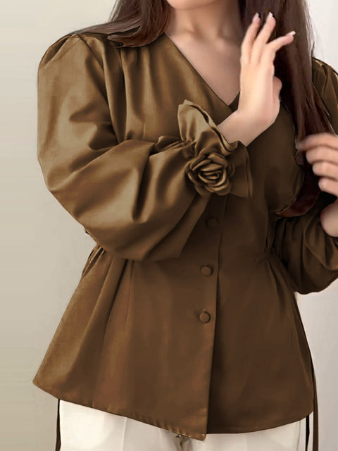 Women's Solid Color V-Neck Long Sleeve Single-Breasted Drawstring Casual Top