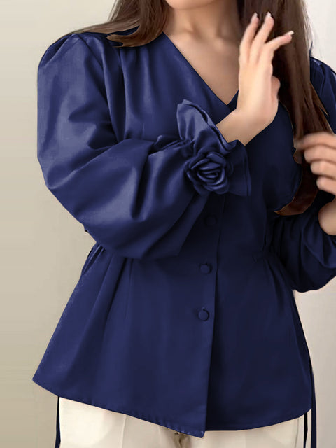 Women's Solid Color V-Neck Long Sleeve Single-Breasted Drawstring Casual Top