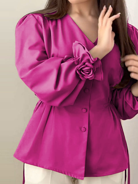 Women's Solid Color V-Neck Long Sleeve Single-Breasted Drawstring Casual Top