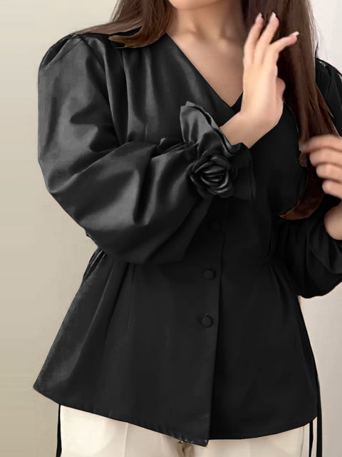 Women's Solid Color V-Neck Long Sleeve Single-Breasted Drawstring Casual Top