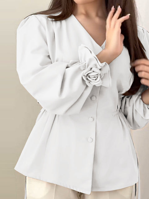 Women's Solid Color V-Neck Long Sleeve Single-Breasted Drawstring Casual Top