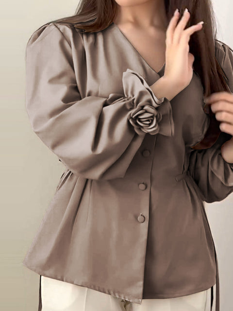 Women's Solid Color V-Neck Long Sleeve Single-Breasted Drawstring Casual Top