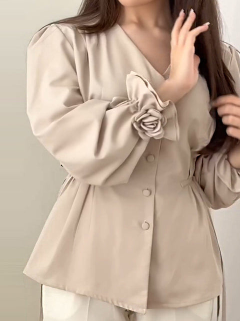 Women's Solid Color V-Neck Long Sleeve Single-Breasted Drawstring Casual Top
