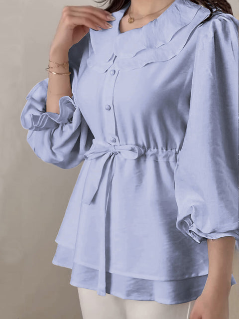Women's Lapel 3/4 Sleeve Drawstring Solid Color Casual Top