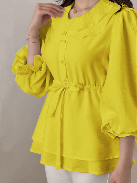 Women's Lapel 3/4 Sleeve Drawstring Solid Color Casual Top