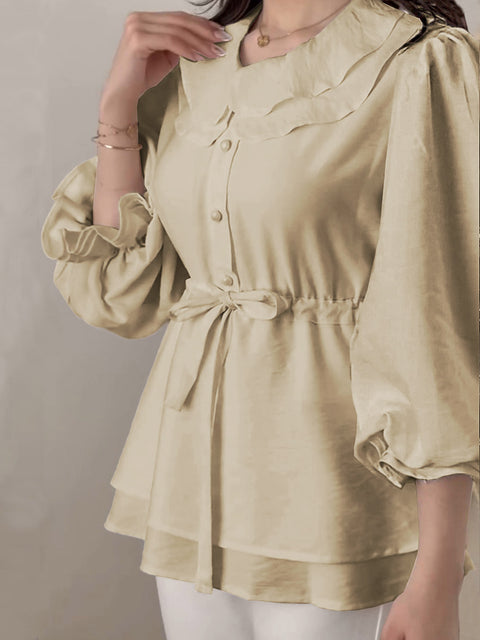 Women's Lapel 3/4 Sleeve Drawstring Solid Color Casual Top