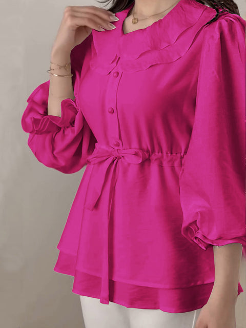 Women's Lapel 3/4 Sleeve Drawstring Solid Color Casual Top