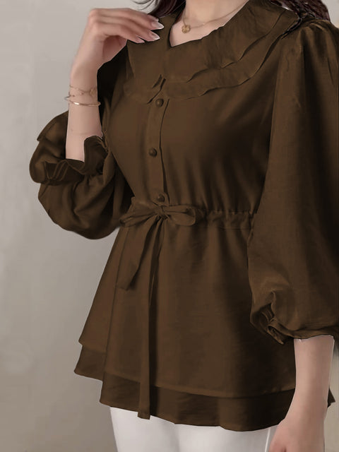 Women's Lapel 3/4 Sleeve Drawstring Solid Color Casual Top