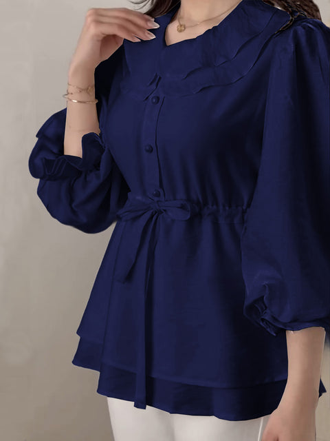 Women's Lapel 3/4 Sleeve Drawstring Solid Color Casual Top