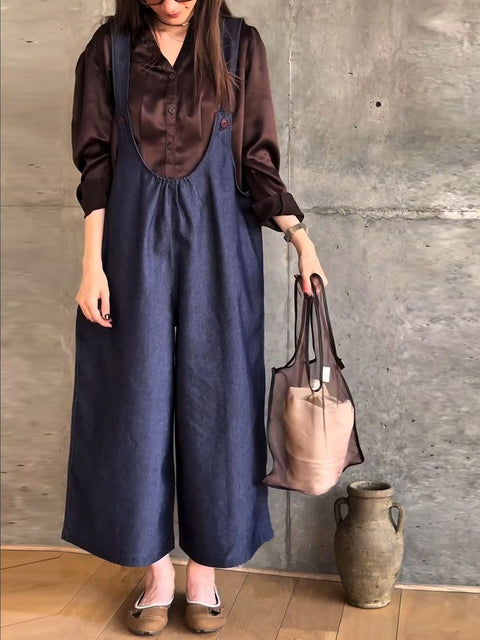 Women's Solid Color U-Neck Sleeveless Suspender Casual Cotton and Linen Jumpsuit Wide-Leg Pants