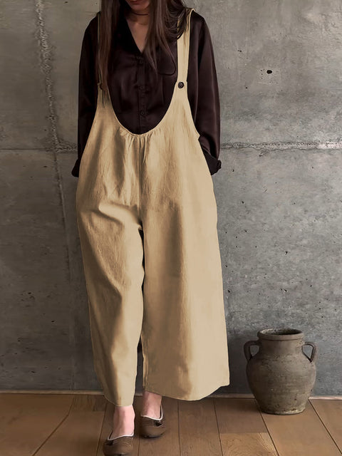 Women's Solid Color U-Neck Sleeveless Suspender Casual Cotton and Linen Jumpsuit Wide-Leg Pants