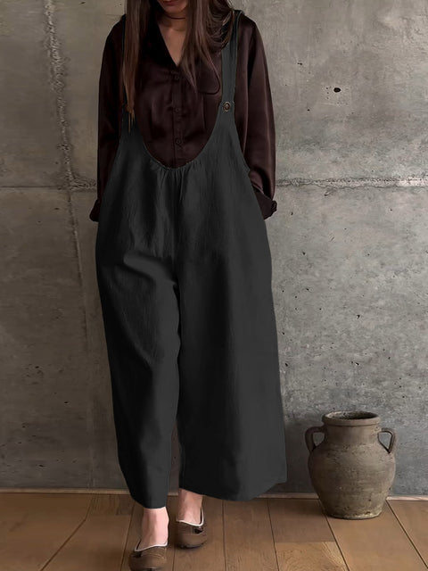 Women's Solid Color U-Neck Sleeveless Suspender Casual Cotton and Linen Jumpsuit Wide-Leg Pants