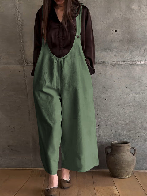 Women's Solid Color U-Neck Sleeveless Suspender Casual Cotton and Linen Jumpsuit Wide-Leg Pants