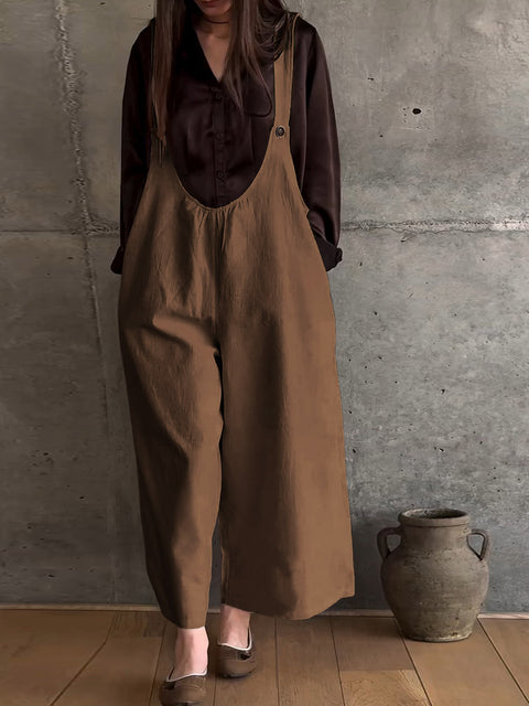 Women's Solid Color U-Neck Sleeveless Suspender Casual Cotton and Linen Jumpsuit Wide-Leg Pants