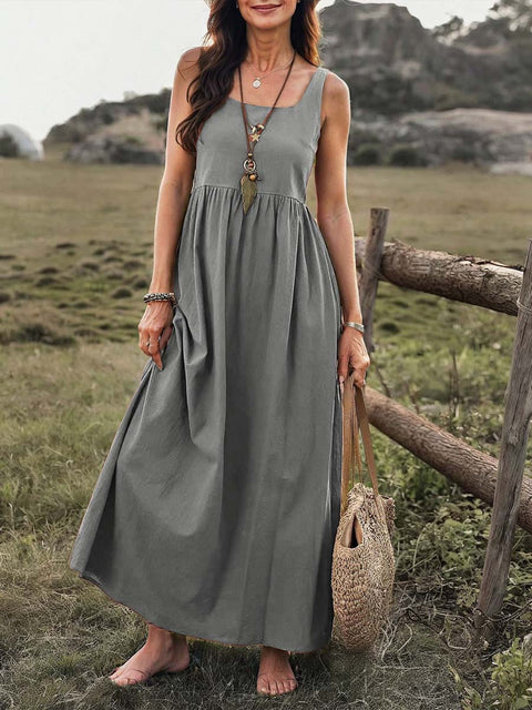 Women's Solid Color Square Neck Sleeveless Casual Cotton and Linen Loose Vest Dress