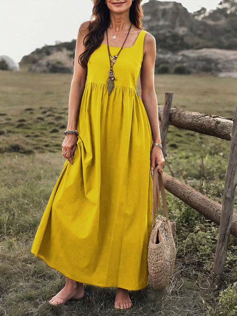 Women's Solid Color Square Neck Sleeveless Casual Cotton and Linen Loose Vest Dress