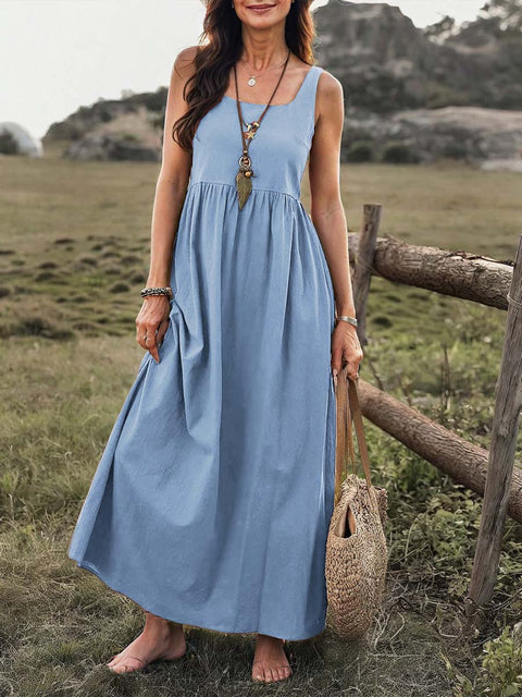 Women's Solid Color Square Neck Sleeveless Casual Cotton and Linen Loose Vest Dress