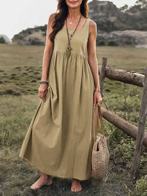 Women's Solid Color Square Neck Sleeveless Casual Cotton and Linen Loose Vest Dress