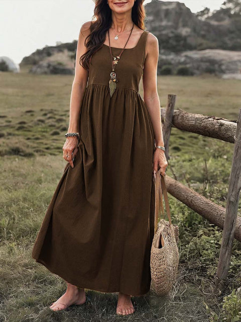 Women's Solid Color Square Neck Sleeveless Casual Cotton and Linen Loose Vest Dress