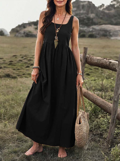 Women's Solid Color Square Neck Sleeveless Casual Cotton and Linen Loose Vest Dress