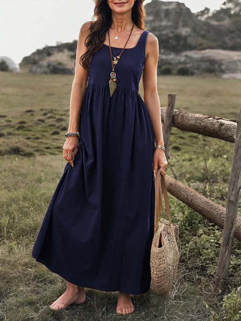 Women's Solid Color Square Neck Sleeveless Casual Cotton and Linen Loose Vest Dress