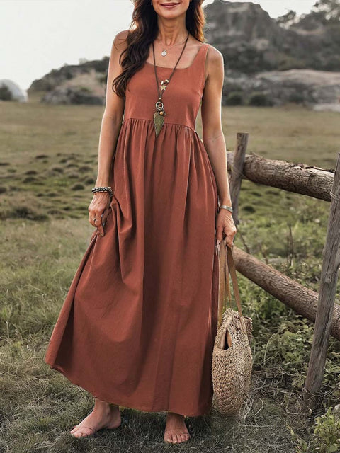 Women's Solid Color Square Neck Sleeveless Casual Cotton and Linen Loose Vest Dress