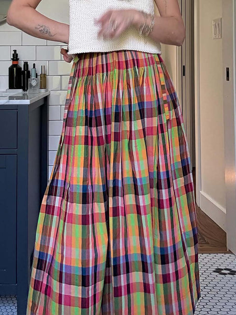 Women's Elastic Waist Colorful Plaid Print Casual Cotton and Linen Loose A-Line Skirt