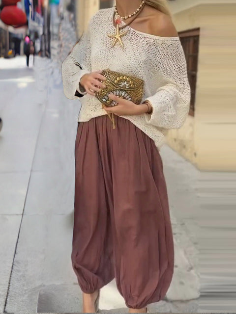Women's Solid Color Off-shoulder Long Sleeve Casual Knit Top Elastic Waist Cotton and Linen Wide-leg Pants Set