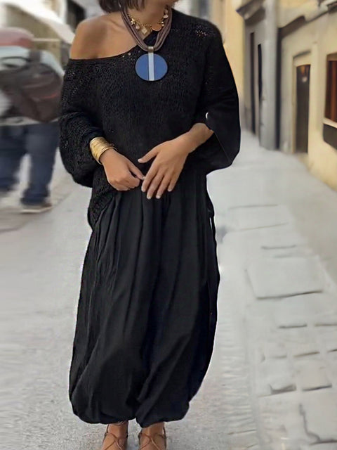Women's Solid Color Off-shoulder Long Sleeve Casual Knit Top Elastic Waist Cotton and Linen Wide-leg Pants Set