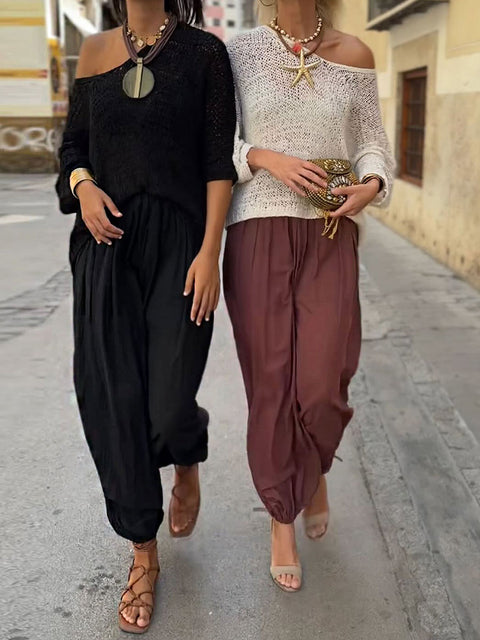 Women's Solid Color Off-shoulder Long Sleeve Casual Knit Top Elastic Waist Cotton and Linen Wide-leg Pants Set