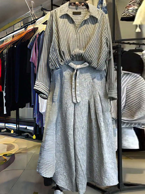 Women's Lapel Striped Print Long-Sleeved Shirt and High-Waisted Tie-Back A-Line Casual Cotton and Linen Skirt Set
