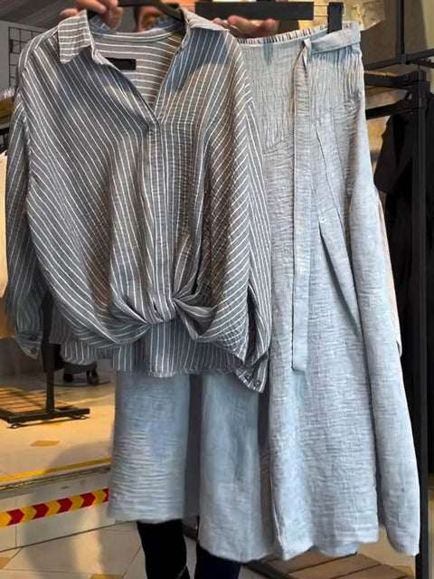 Women's Lapel Striped Print Long-Sleeved Shirt and High-Waisted Tie-Back A-Line Casual Cotton and Linen Skirt Set