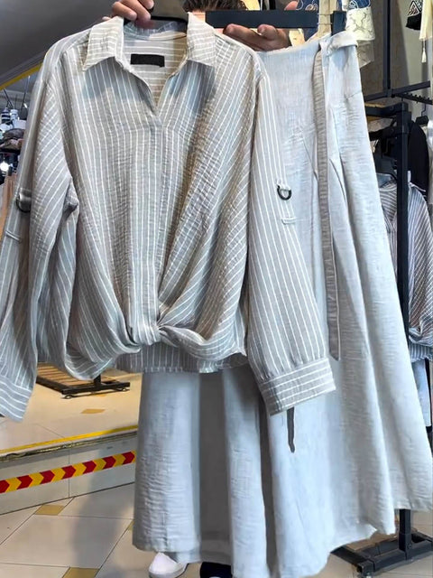 Women's Lapel Striped Print Long-Sleeved Shirt and High-Waisted Tie-Back A-Line Casual Cotton and Linen Skirt Set